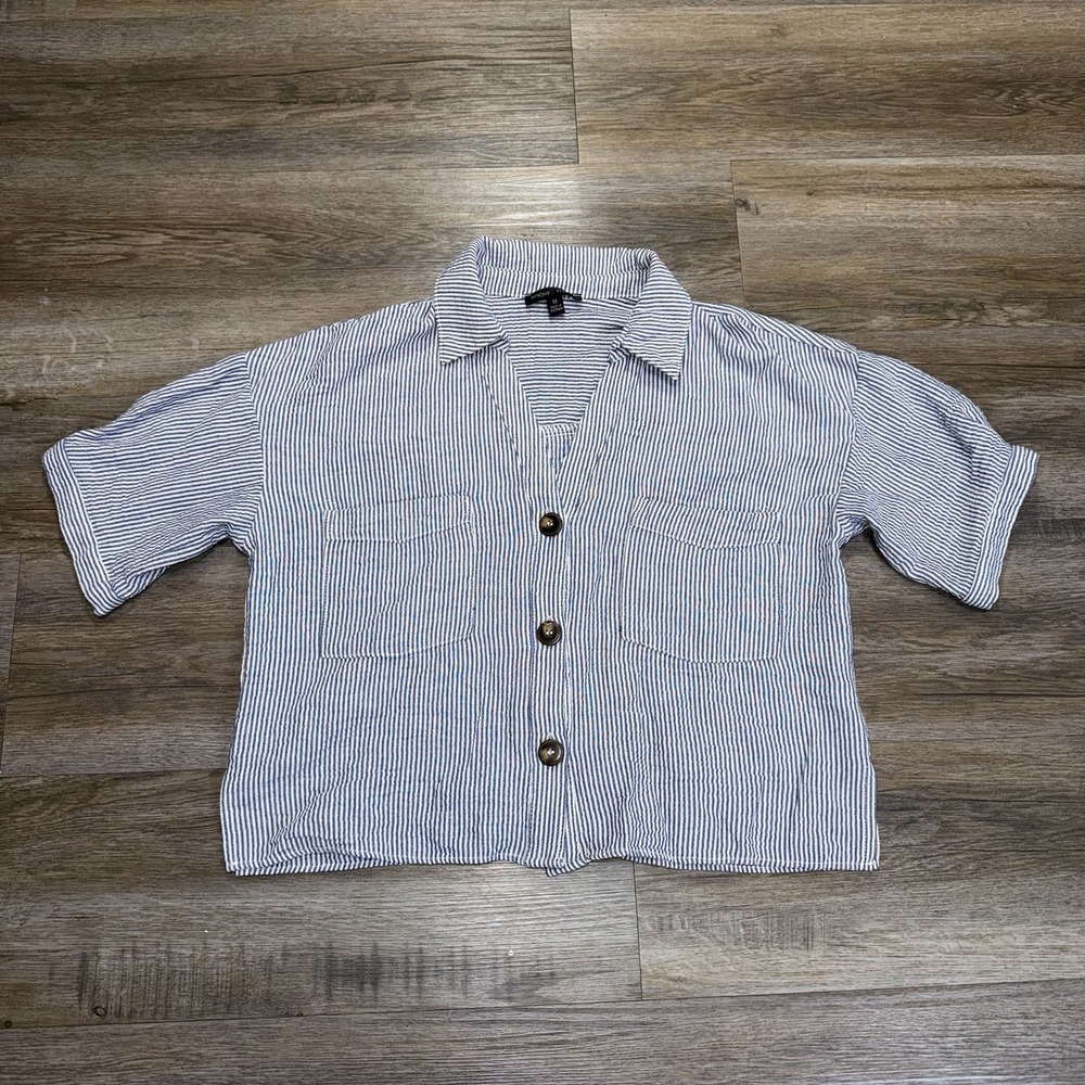 Moa Moa Brand Blue White Striped Cropped Button-Up Shirt Women M Boxy Fit